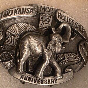 Vintage 1988 Metal Belt Buckle, Mid Kansas Relief Sale, Elephant, Sits on Stand